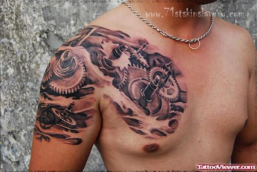 Grey ink Biomechanical Tattoo On Chest And Shoulder