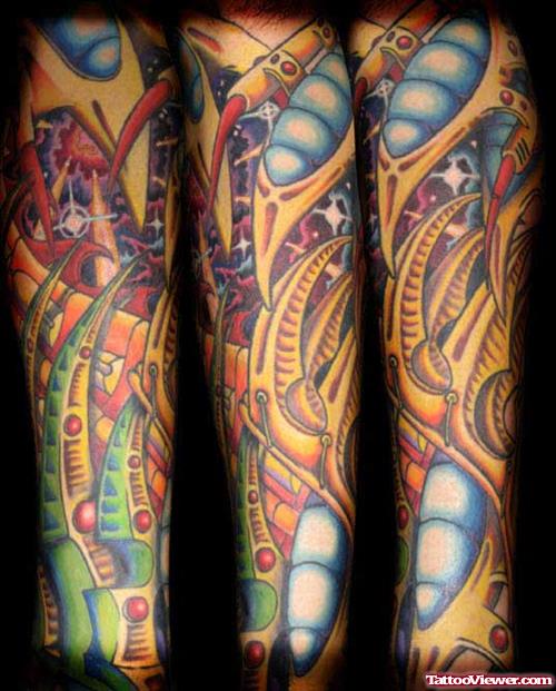 Colored Biomechanical Tattoo On Sleeve