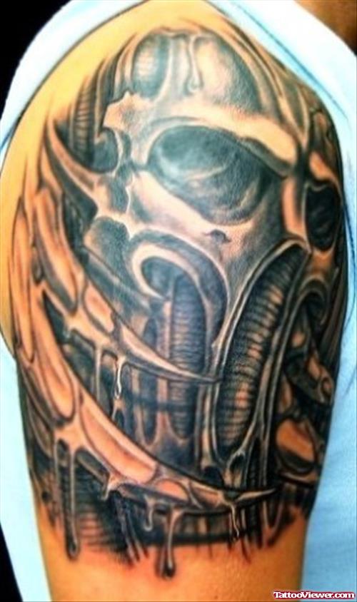 Shoulder Grey Ink Biomechanical Tattoo
