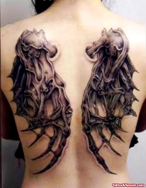 Grey Ink Biomechanical Wings Tattoos On Back