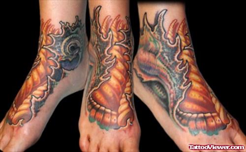 Colored Biomechanical Tattoo On Right Foot