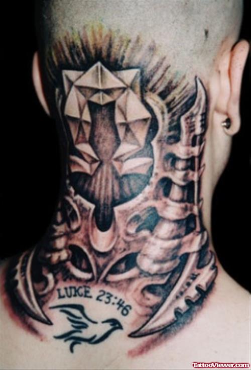 Awesome Grey Ink Biomechanical Tattoo On Back Neck