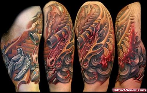 Attractive Colored Ink Biomechanical Tattoo On Left Half Sleeve