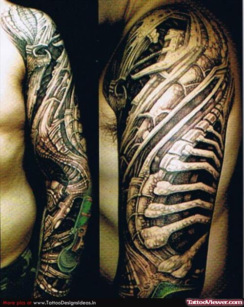 Man Left Sleeve Biomechanical Tattoo