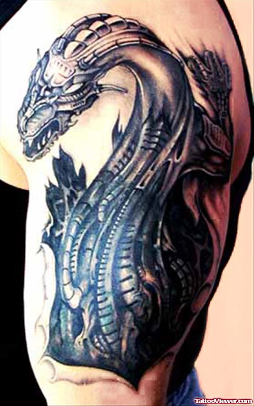 Biomechanical Dragon Tattoo On Bicep