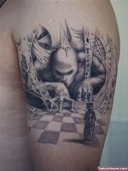 Biomechanical Demon Chess Tattoo On Left SHoulder