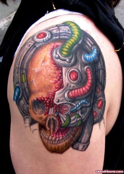Biomechanical Colored Skull Tattoo On Shoulder
