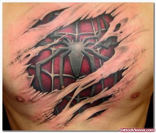 Biomechanical 3D Spider Tattoo On Chest