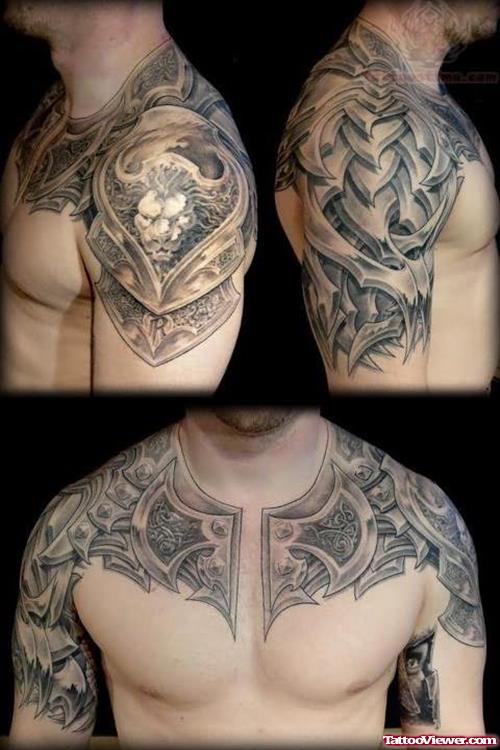 Biomechanical Tattoo On Chest And Shoulder