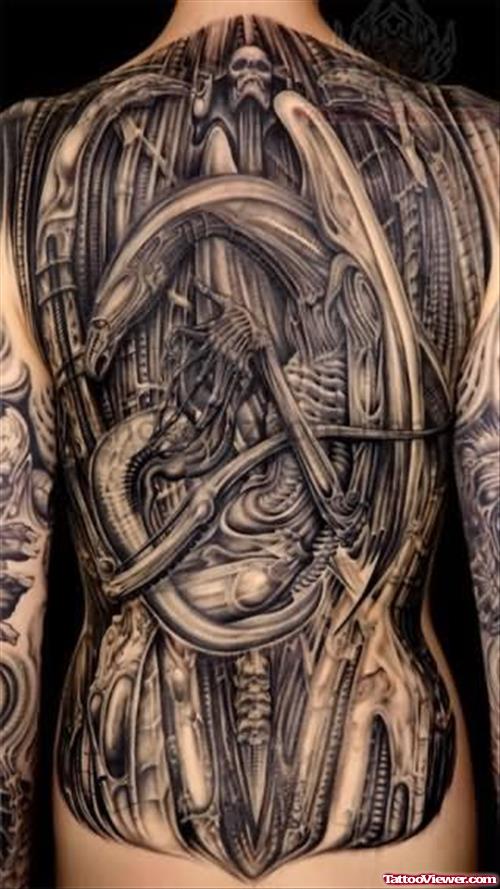 Biomechanical Grey ink Tattoo on Back