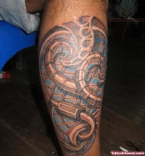 Biomechanical Tattoo On Right Leg