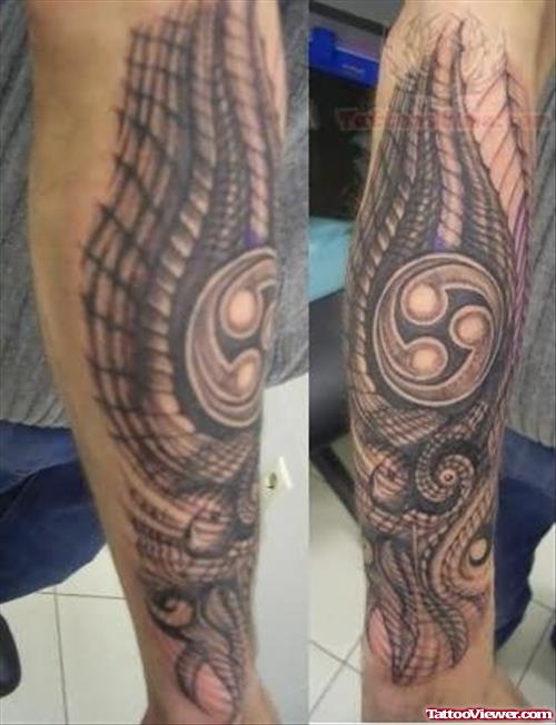 Biomechanical Grey Ink Tattoo On Arm