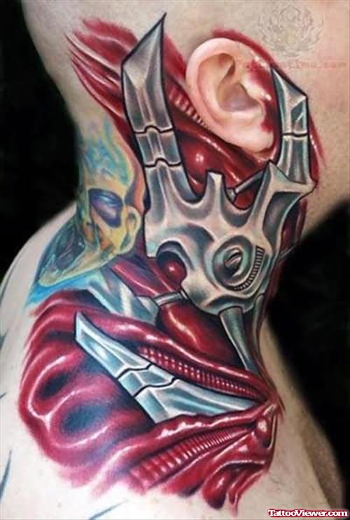 Biomechanical Color Ink Tattoo On Neck