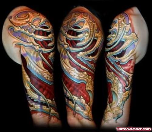 Colourful Biomechanical Tattoo On Shoulders