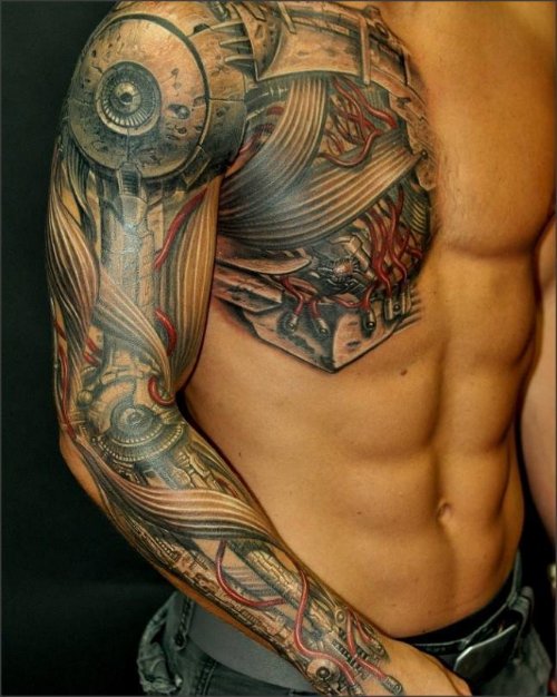 Chest And Right Sleeve Biomechanical Tattoo