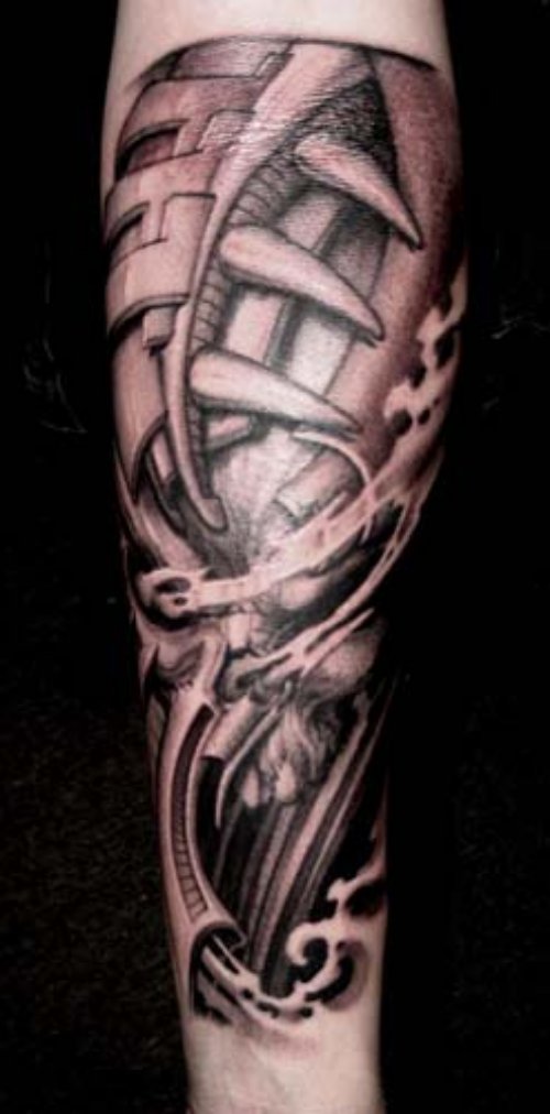 Amazing Grey Ink Biomechanical Tattoo On Arm