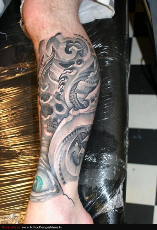 Tribal Biomechanical Grey Ink Tattoo On Leg