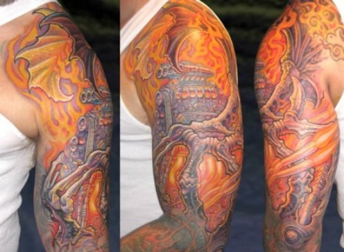 Colored 3D Biomechanical Tattoo On Man Left Sleeve