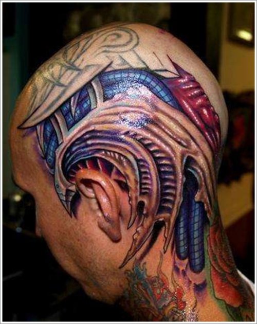 Colored Biomechanical Tattoo On Head