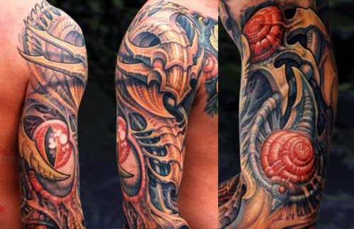Colored Biomechanical Tattoo On Right Half Sleeve