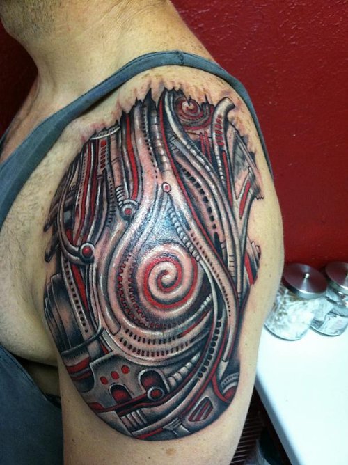 Left Shoulder Colored Ink Biomechanical Tattoo