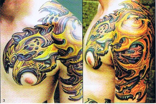 Biomechanical Chest And Left Shoulder Tattoo