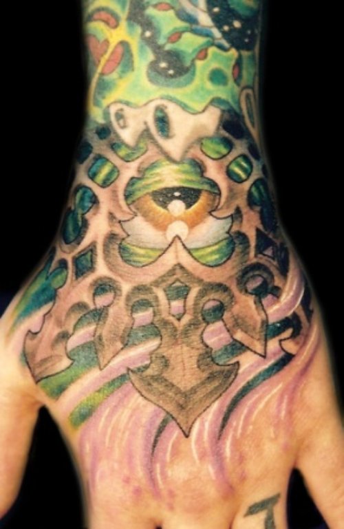 Green Ink Biomechanical Tattoo On Left Hand