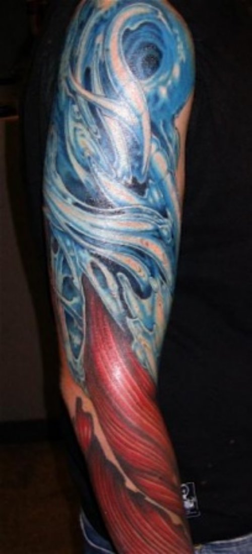 Man Right Sleeve Colored Biomechanical Tattoo
