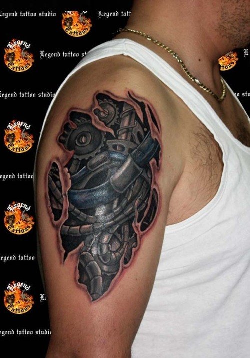 Ripped Skin Biomechanical Tattoo On Right Shoulder