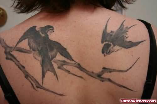 Birds Sitting On Branch Tattoo On Back