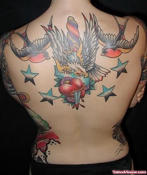Birds & Stars Tattoo On Back