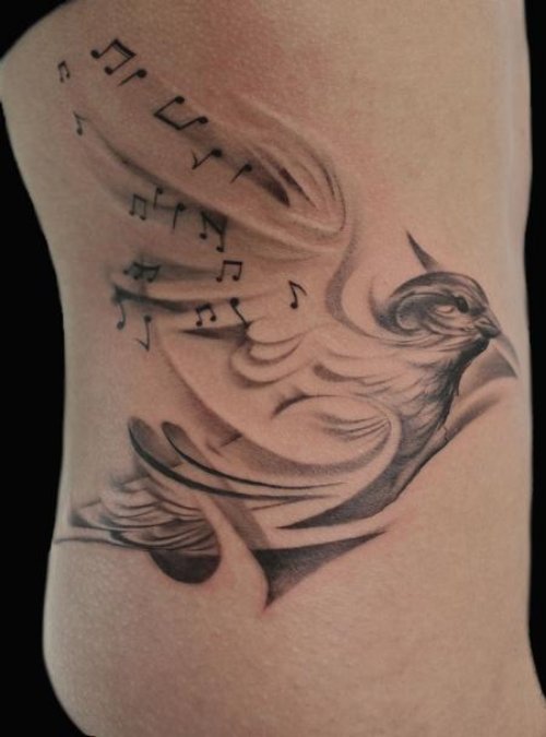 Grey Ink Music Notes And Bird Tattoo