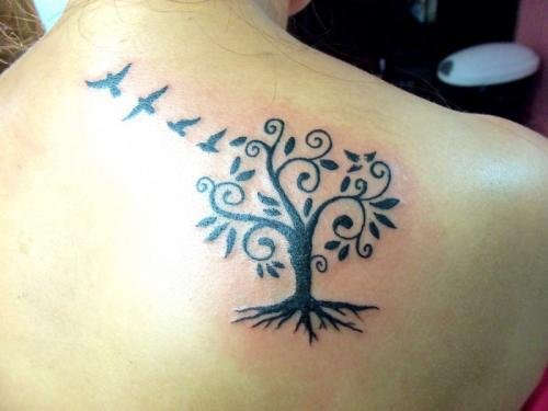 Black Tree And Flying Birds Tattoo