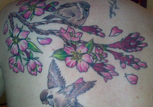 Pink Flowers And Grey Bird Tattoo