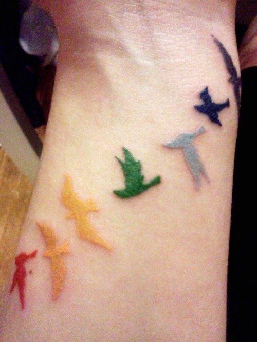 Colorful Birds Tattoo On Forearm