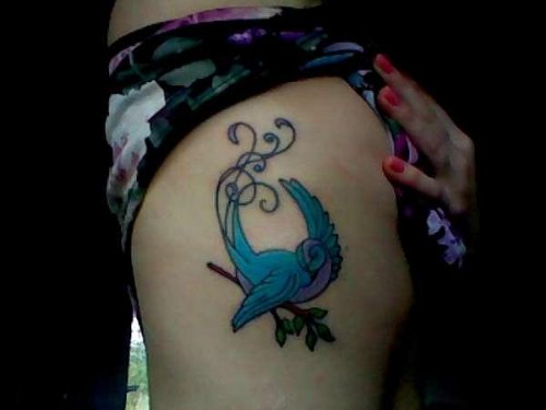 Blue Ink Birds Tattoo On Side