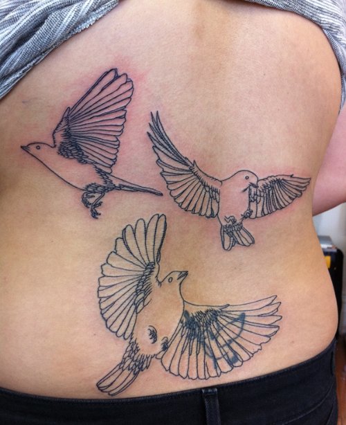 Grey Ink Flying Birds Tattoo On Lowerback