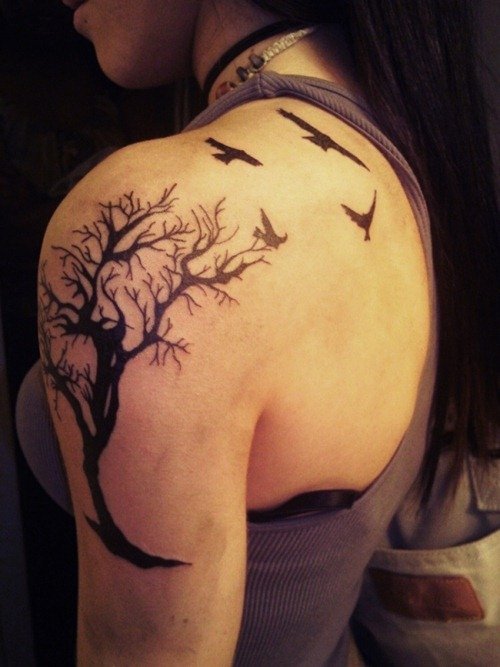 Left Shoulder Tree And Birds Tattoo