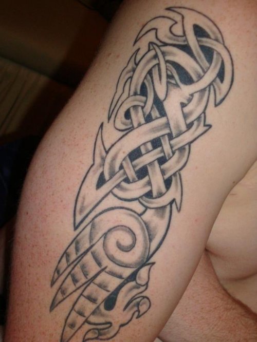 Grey Ink Celtic Bird Tattoo On Half Sleeve