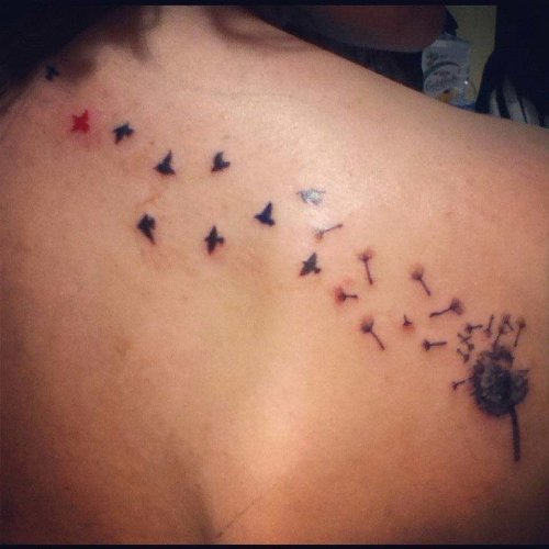Classic Dandelion Puff And Flying Birds Tattoo