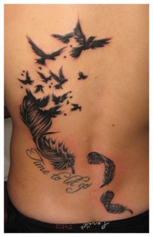 Feathers And Flying Birds Tattoo On Back