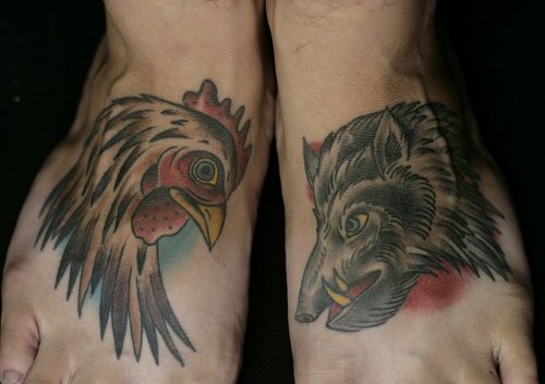Beautiful Rooster And Boar Head Tattoos On Feet
