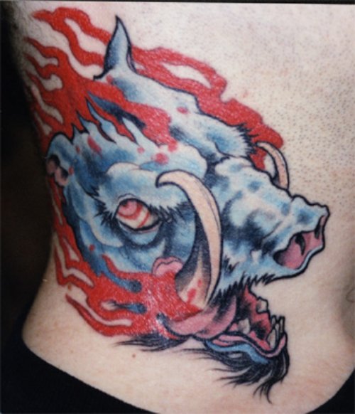 Red Flames And Boar Tattoo On Side rib