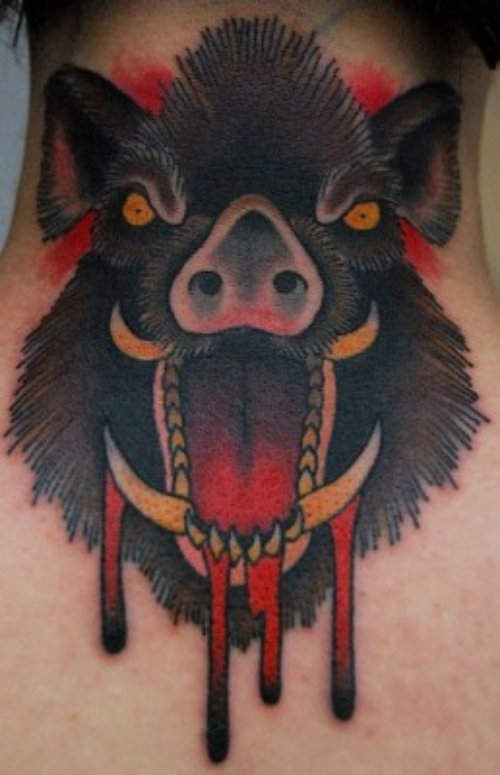 Bleeding Mouth Boar Color ink Tattoo On Back