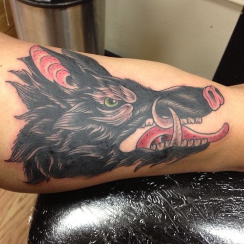 Realistic Wild Boar Head Tattoo On Bicep