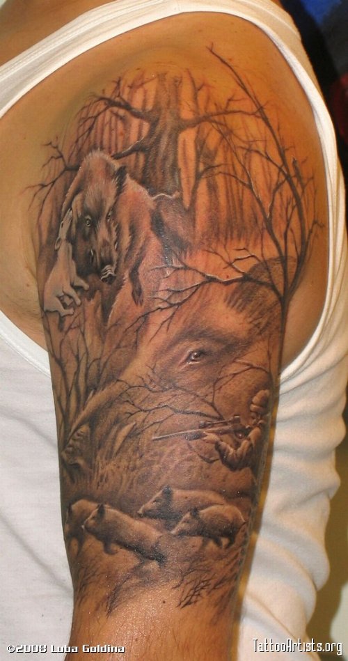 Grey Ink Wild Boar In Forest Tattoo On Left Half Sleeve