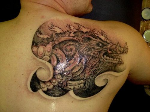 Grey Ink Wild Boar Tattoo On Back Shoulder