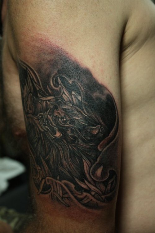 Grey Ink Bicep Boar Tattoo