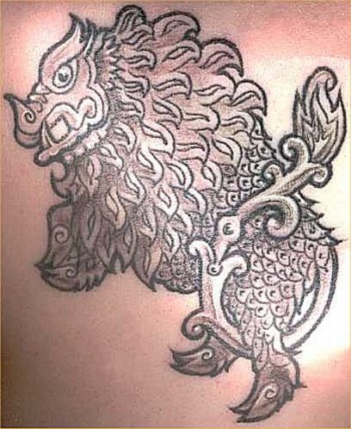 Chinese Grey Ink Boar Jumping Tattoo Image