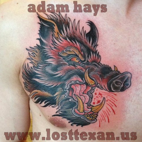 Boar Head Grey Ink Chest Tattoo